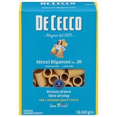 De Cecco Mezzi Rigatoni Pasta, 1 lb Imported from Italy. Non GMO